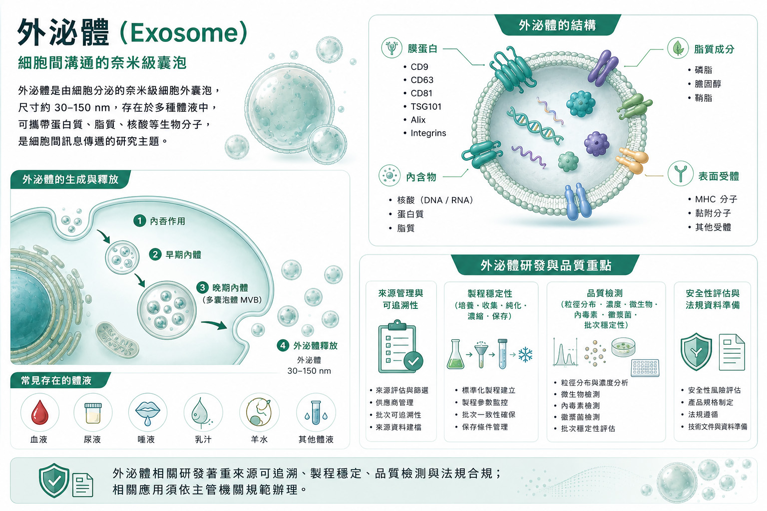 外泌體科學資訊圖：外泌體結構（膜蛋白、脂質成分、內含物、表面受體）、生成與釋放、研發與品質重點、常見存在的體液